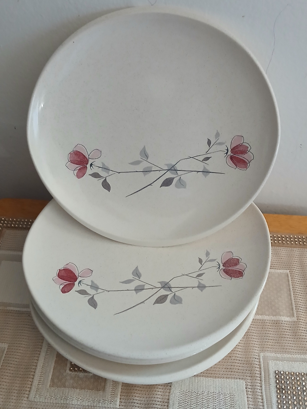 Franciscan Dinner Plate with Pink Floral and Gray Leaf Motif - Set of 4 Vintage